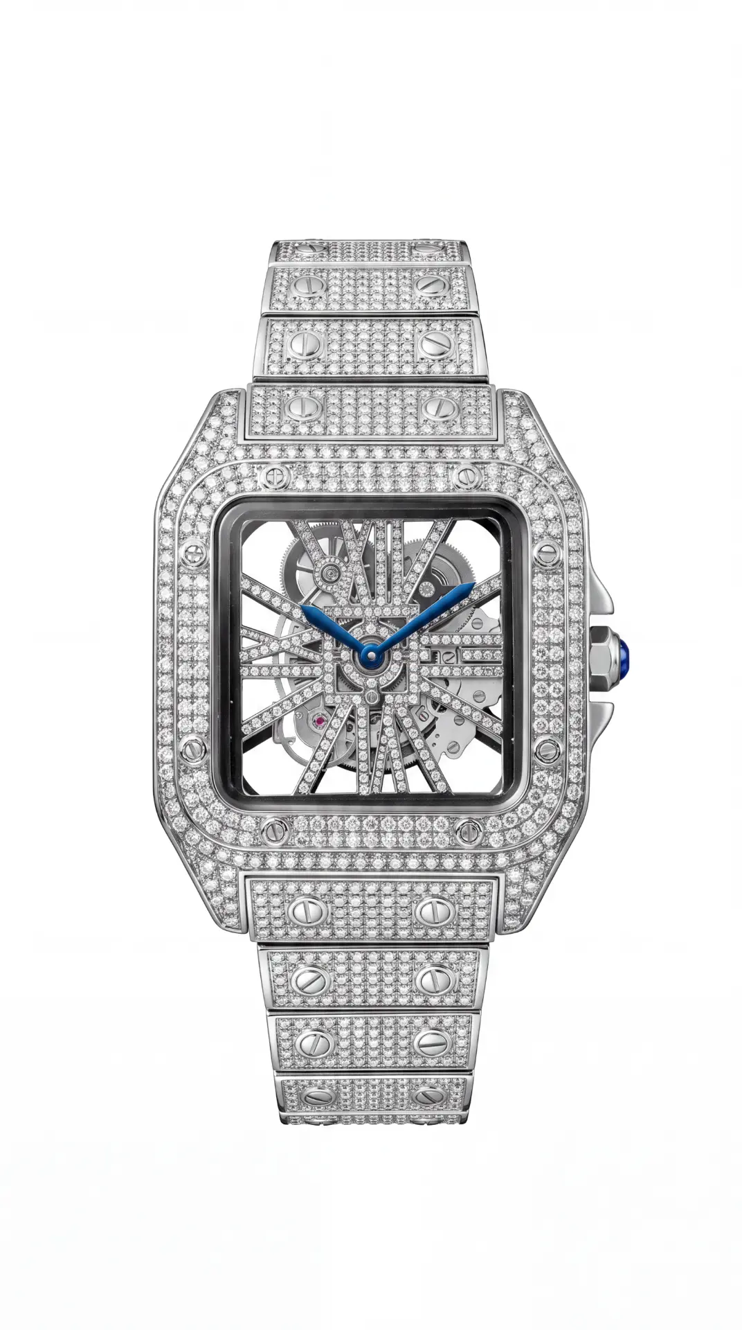 Cartier Santos Silver & Blue Dial Skeleton 39mm
